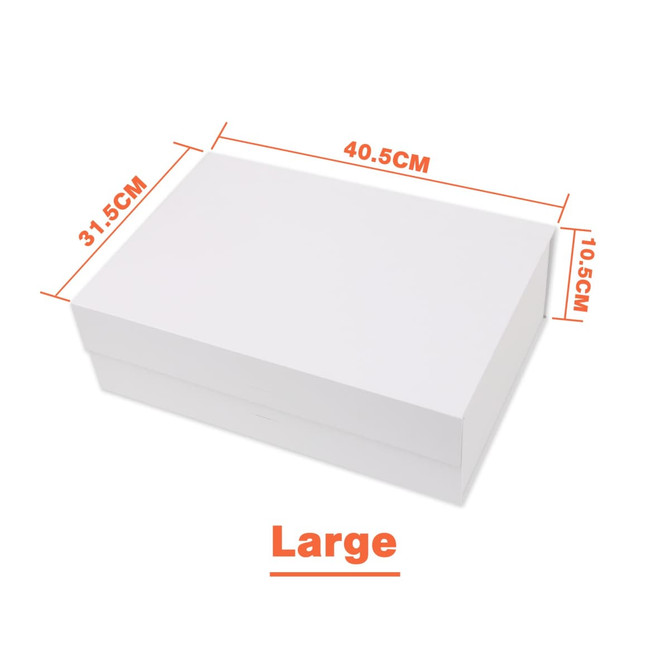 A large white foldable magnetic box with dimensions 40.5cm x 31.5cm x 10.5cm. It has a ribbon and a logo.