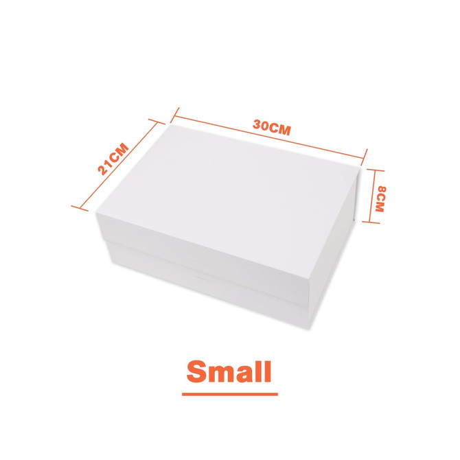 A small white foldable magnetic box with dimensions marked. It features a ribbon and has a logo.
