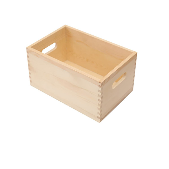A medium wooden storage box in a light wood finish with two side handles for easy carrying.
