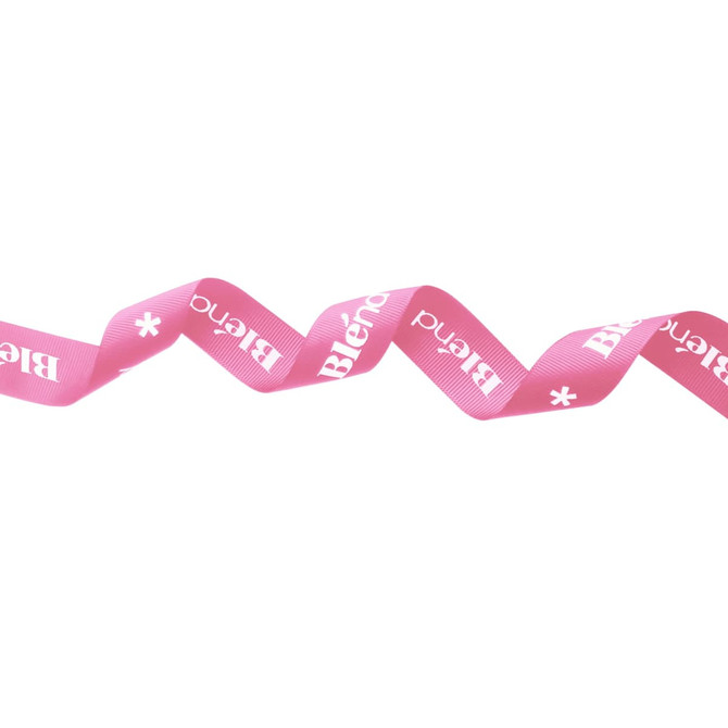 A pink ribbed fabric ribbon with a logo, featuring a wavy design.