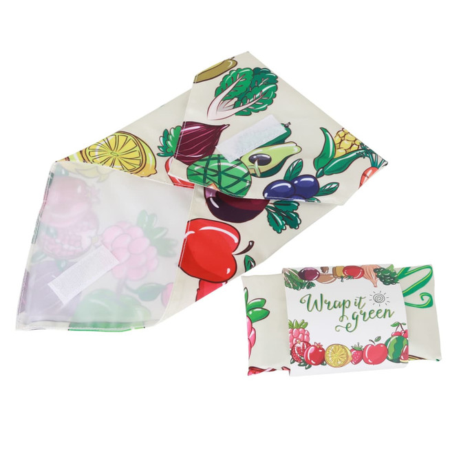 A reusable food wrap featuring a vibrant design of various fruits and vegetables, with a logo on one side.