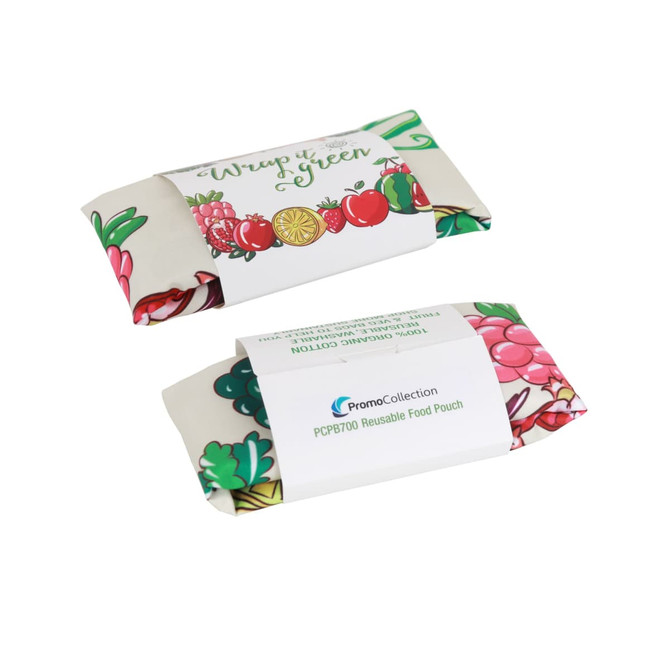 A reusable food wrap featuring a colourful design with fruits and vegetables, packaged with a branded label.
