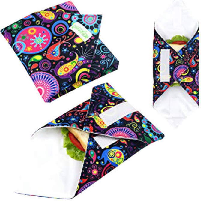 Reusable food wraps featuring a vibrant, multicoloured pattern on a dark background, with a white inner lining.