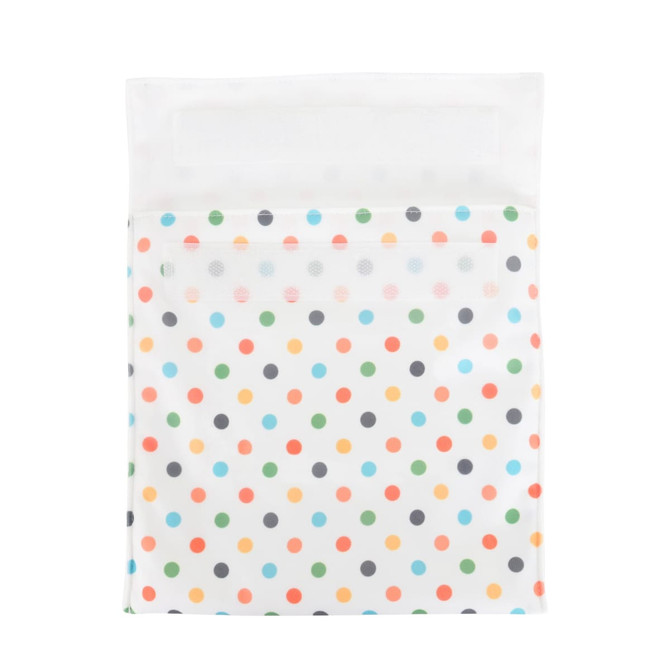 A reusable food pouch featuring a white background with multi-coloured polka dots and a Velcro closure.
