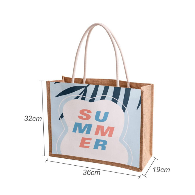 A jute and canvas tote bag in natural and light blue, featuring a summer-themed design and dimensions.
