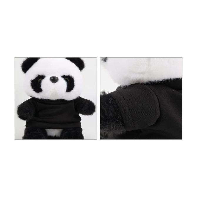 A plush toy panda featuring black and white fur, wearing a black T-shirt. The toy has a cute, soft design.