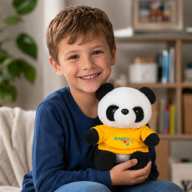 A child smiling while holding a black and white panda plush toy wearing a yellow shirt.