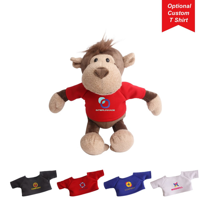 A plush monkey toy with a light brown body, brown face, and red T-shirt. Various T-shirt designs and colours displayed.