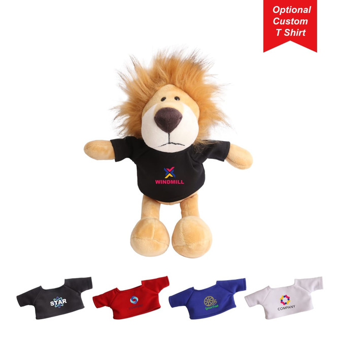 A lion plush toy with a fluffy mane, wearing a black T-shirt, displayed with various T-shirt options.
