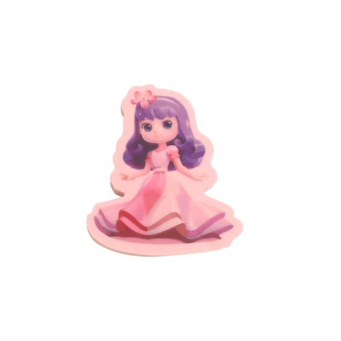 A custom-shaped pink TPR eraser featuring a cute character with purple hair and a flower in her hair.
