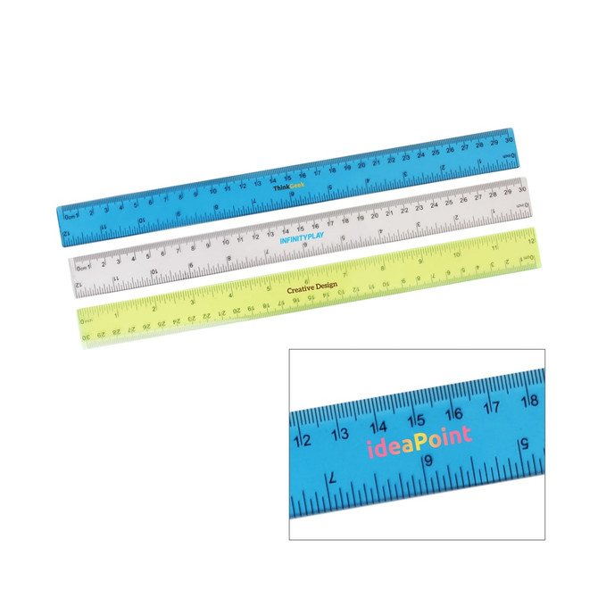 Three 30cm rulers in blue, clear, and yellow, featuring measurement markings and a logo on one ruler.