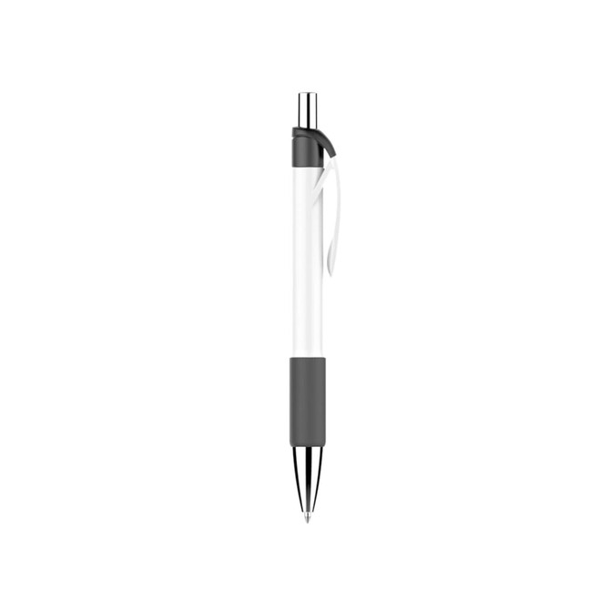 A plastic pen with a creamy white barrel and a grey grip, featuring a clip and a polished metal tip.