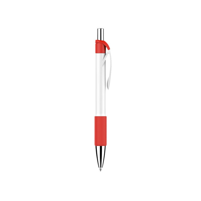 A plastic pen with a creamy white barrel and a red grip, featuring a clip and silver accents.