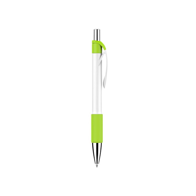 A plastic pen with a creamy white barrel and green accents, featuring a silver clip and nib.