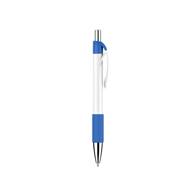 A plastic pen with a creamy white barrel and blue accents, featuring a logo.