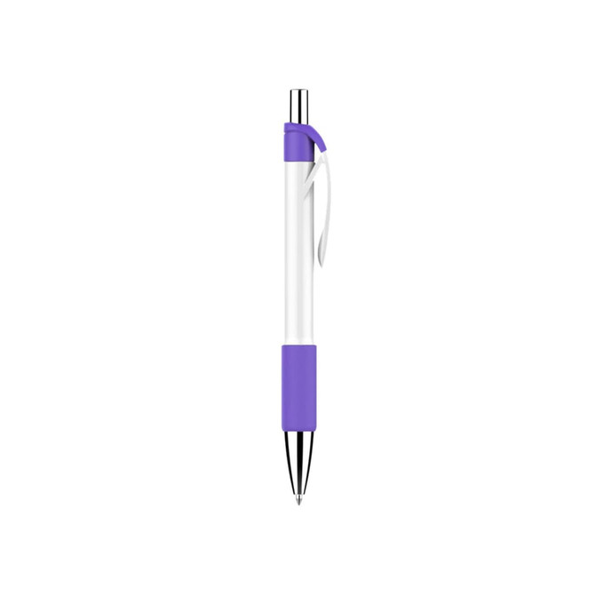 A plastic pen with a creamy white barrel and purple accents, featuring a silver tip and clip.