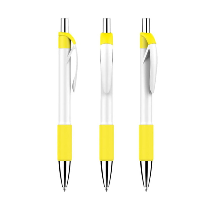 A creamy white barrel pen with yellow accents and chrome trim, featuring a logo on the side.