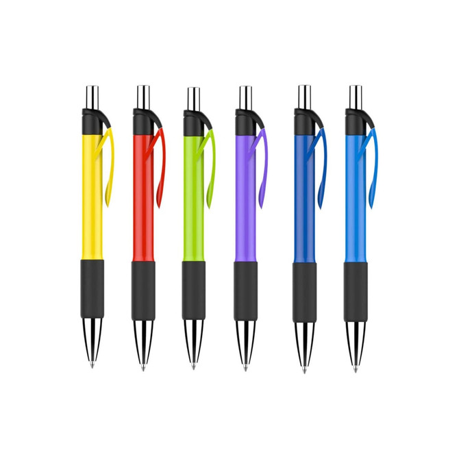 A set of six plastic pens with colour barrels in yellow, red, green, purple, and blue, featuring black grips and clips.