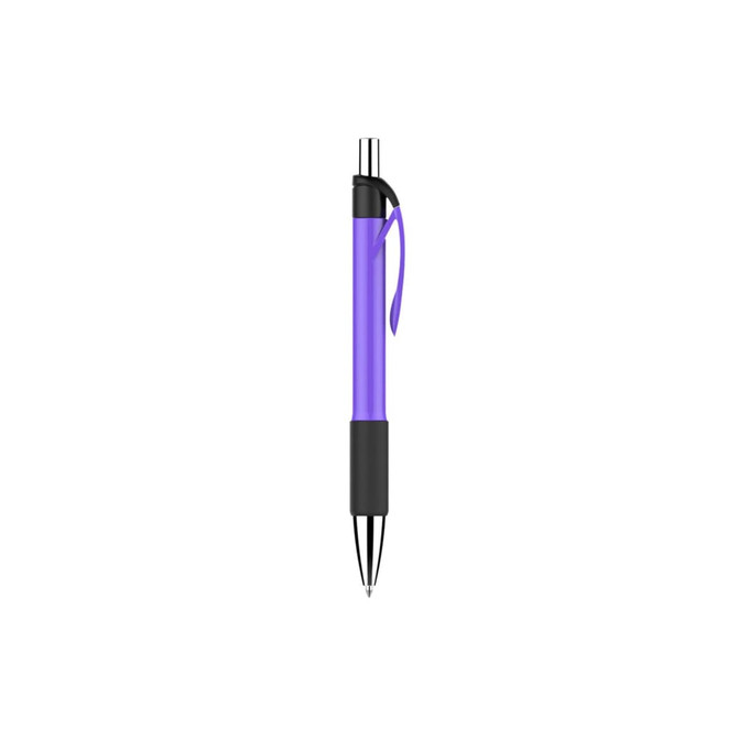 A purple plastic pen with a black grip and clip, featuring a logo on the barrel.