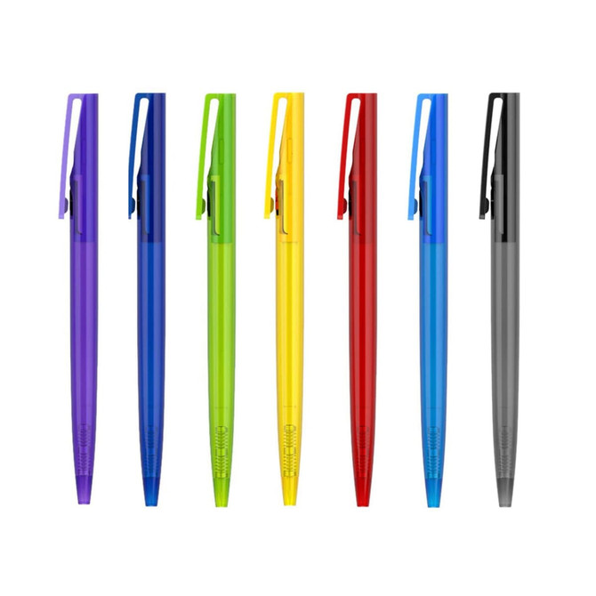 A range of plastic pens with transparent barrels in purple, blue, green, yellow, red, and black. Each pen has a clip.
