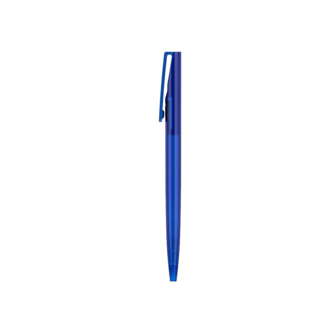 A blue plastic pen with a transparent barrel and a clip on top. It features a logo on the barrel.