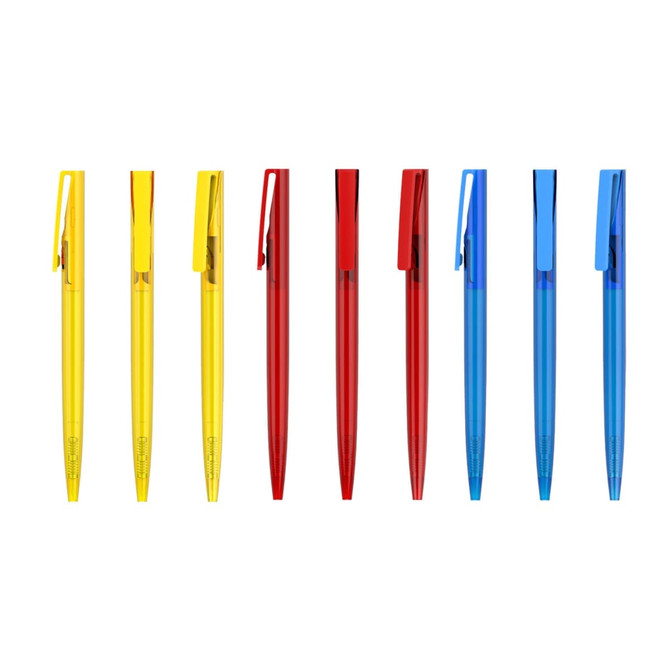 A collection of pens featuring transparent barrels in yellow, red, and blue, with matching caps and clips.