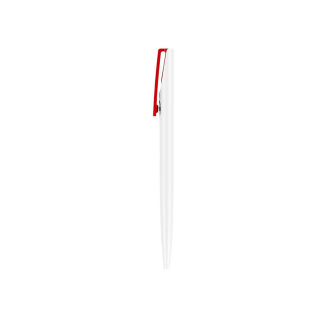 A plastic pen with a creamy white barrel and a red clip, featuring a logo on the body.