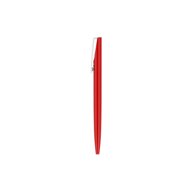 A red plastic pen with a silver clip, featuring a smooth barrel design and a simple branding logo.