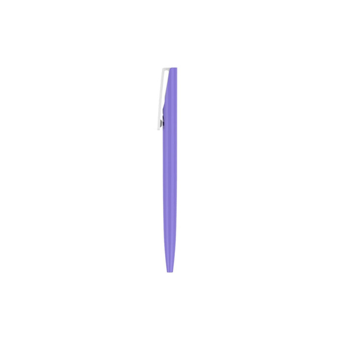A purple plastic pen with a silver clip, featuring a streamlined design and a simple barrel.