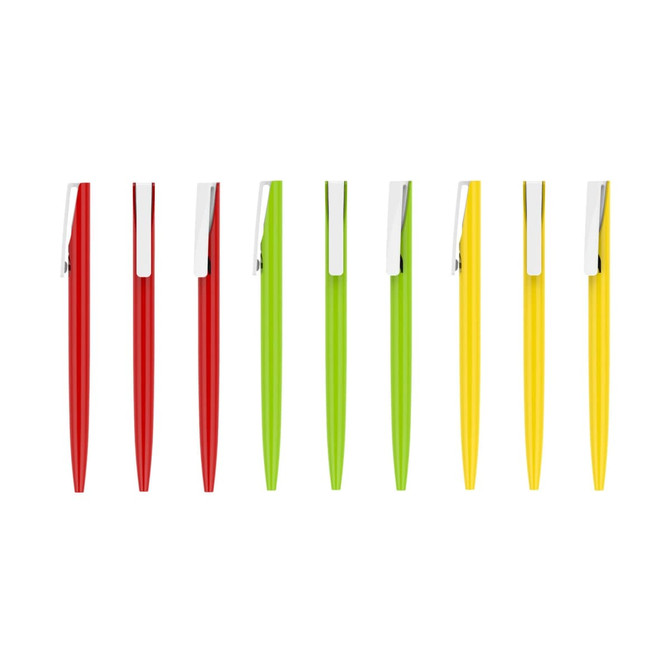A collection of plastic pens in red, green, and yellow with silver clips, featuring a simple design and branding.
