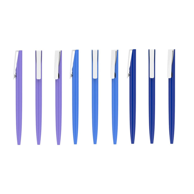 A collection of plastic pens featuring barrel colours in shades of purple and blue, each with a silver clip.