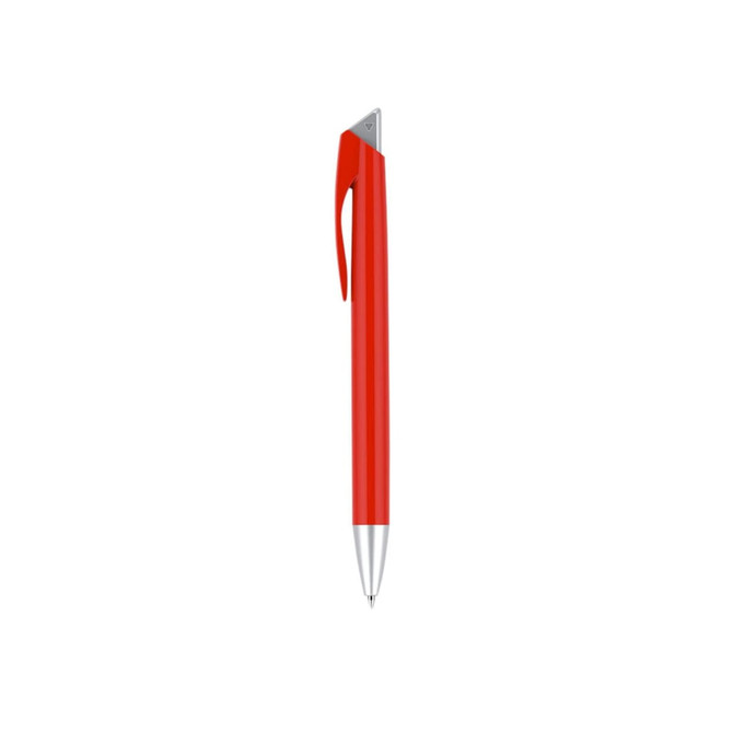A red plastic pen with a silver tip and a clip for easy attachment. It features a logo on the body.