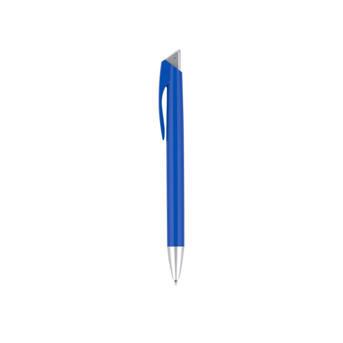 A blue plastic pen with a silver tip and a clip, featuring a logo on its surface.