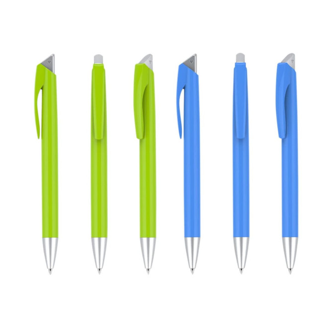 A collection of plastic pens in bright green and blue, featuring silver tips and clips, with branding on some.