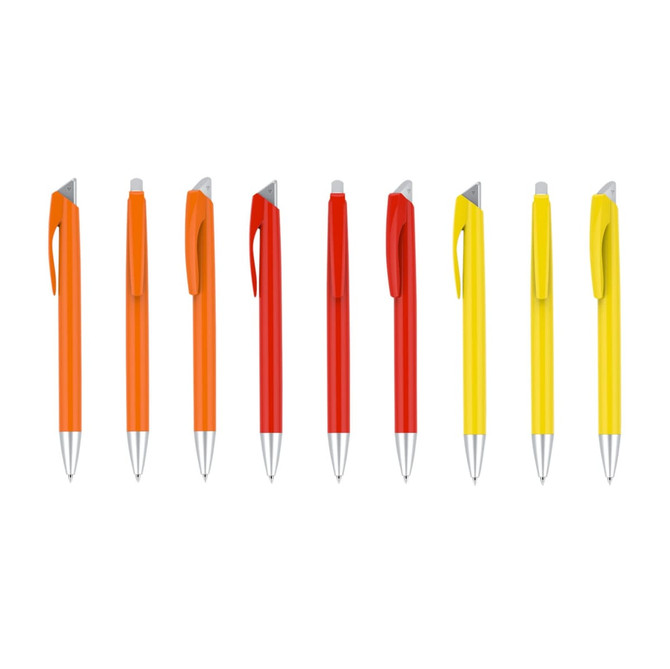 Nine plastic pens in various vibrant colours: orange, yellow, red, and a colour combination, all with silver accents and clips.
