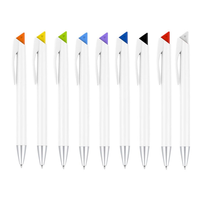 A collection of white plastic pens with various coloured triangular caps: orange, green, purple, blue, black, and red.