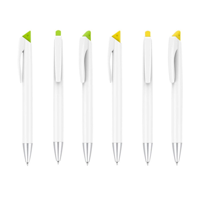 A set of six white pens with coloured caps in green and yellow, featuring a silver tip and a branding logo.