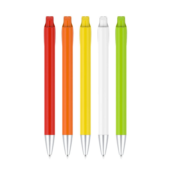 A set of five plastic pens in red, orange, yellow, white, and green, featuring silver accents and a logo.