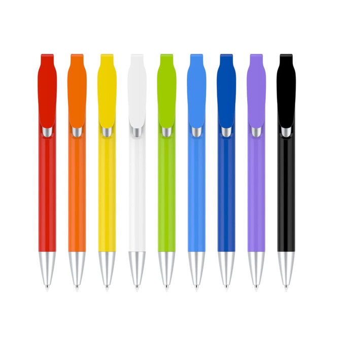A collection of plastic pens in red, orange, yellow, green, white, blue, black, and purple, featuring shiny silver tips.