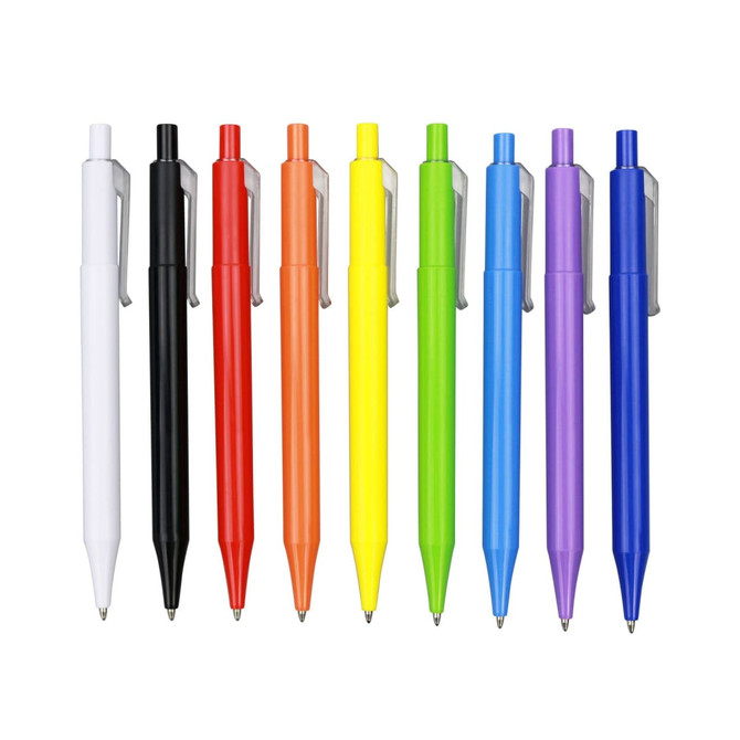A lineup of plastic pens in white, black, red, orange, yellow, green, blue, and purple, featuring a branding logo.