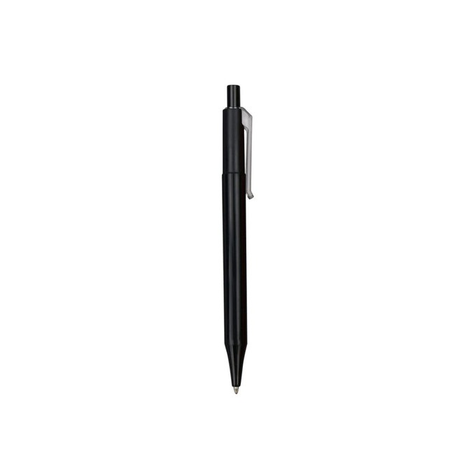 A black plastic pen with a clip and silver accents, featuring a smooth barrel design.