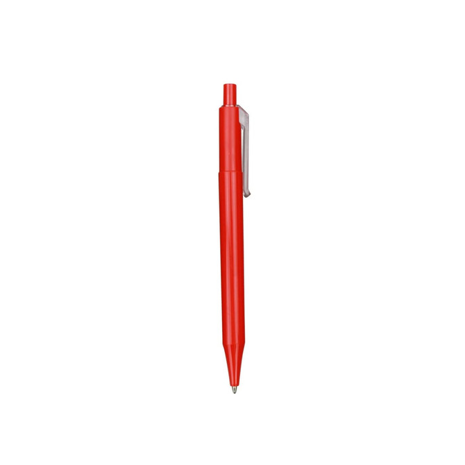 A red plastic pen with a smooth barrel and a clip. Features a logo on the side.