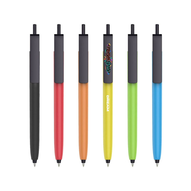 A collection of push button pens with black caps and colour barrels in black, red, orange, yellow, green, and blue.