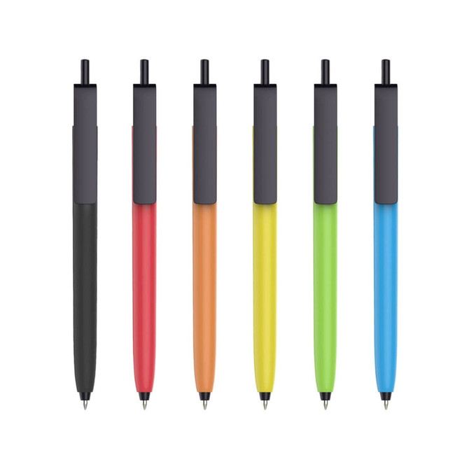 A collection of push button pens featuring black caps and coloured barrels in black, red, orange, yellow, green, and blue.