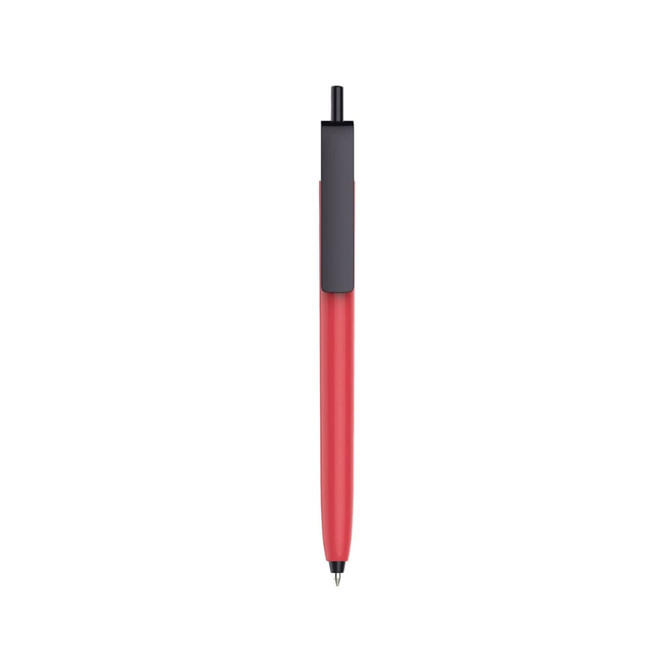 A push button pen featuring a bright red barrel and a black cap, complete with a logo on the cap.