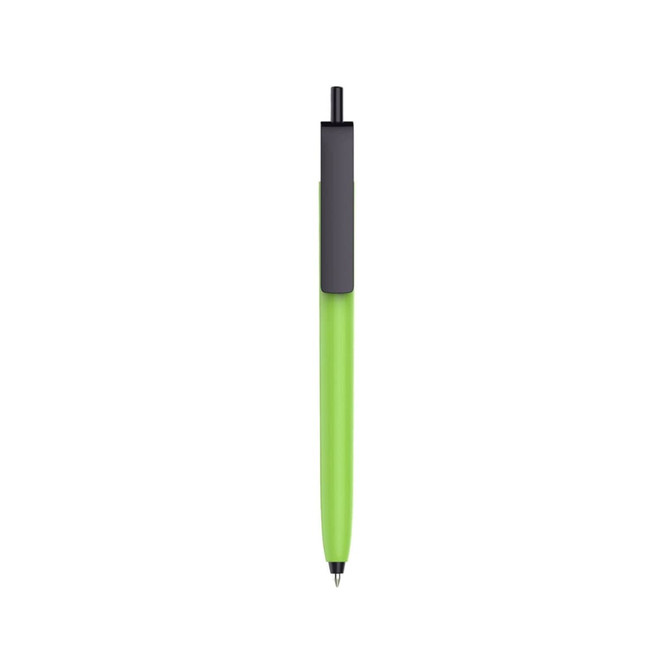 A green barrel pen with a black cap, featuring a push button mechanism. Includes a branding logo.