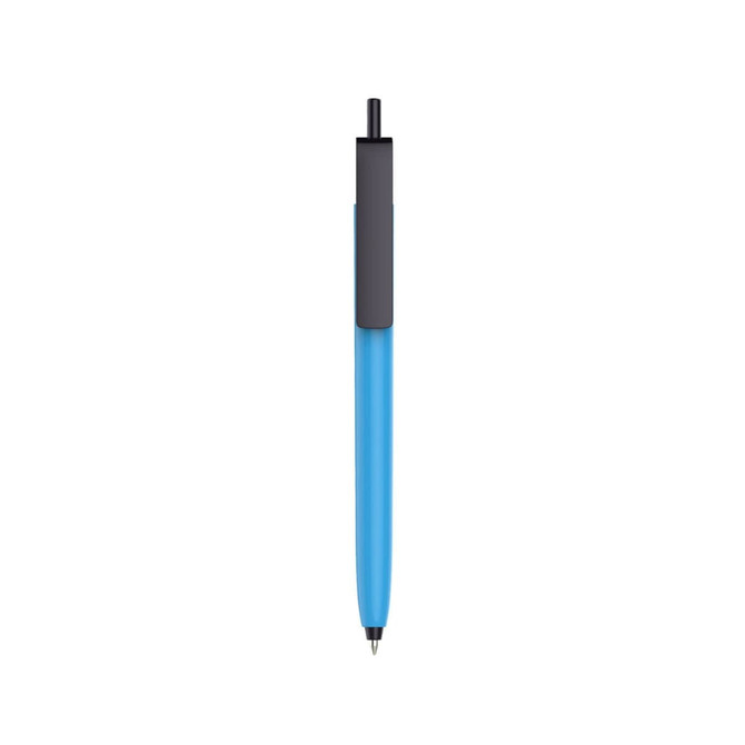 A push button pen with a blue barrel and black cap, featuring a logo on the barrel.
