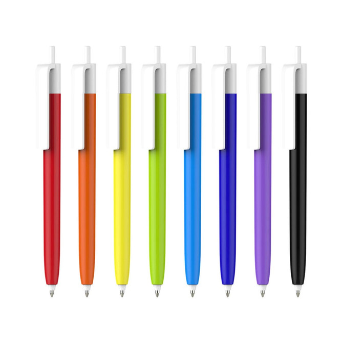 A set of push button pens featuring colour barrels in orange, yellow, green, blue, purple, and black, with creamy white caps.