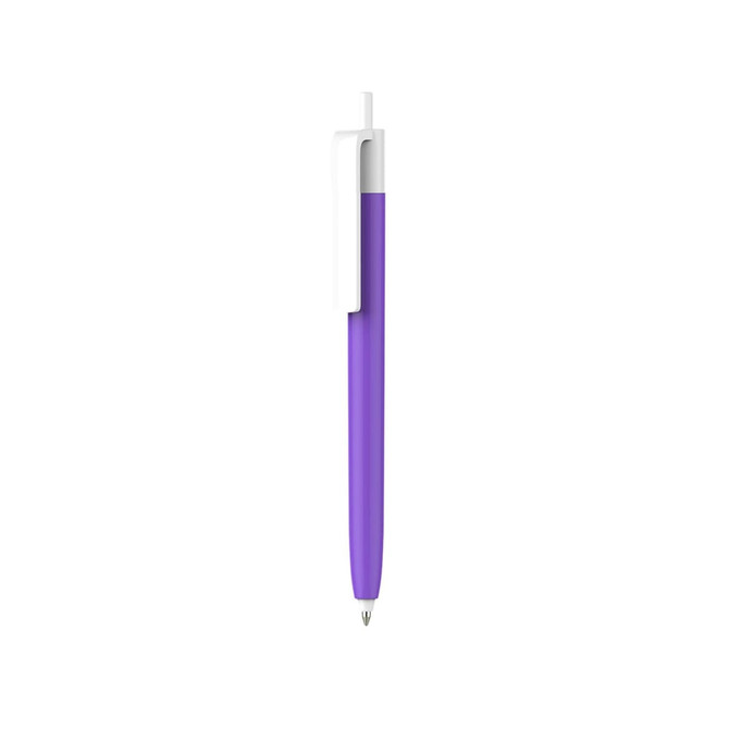 A push button pen with a purple barrel and creamy white cap, featuring a clip and a logo.