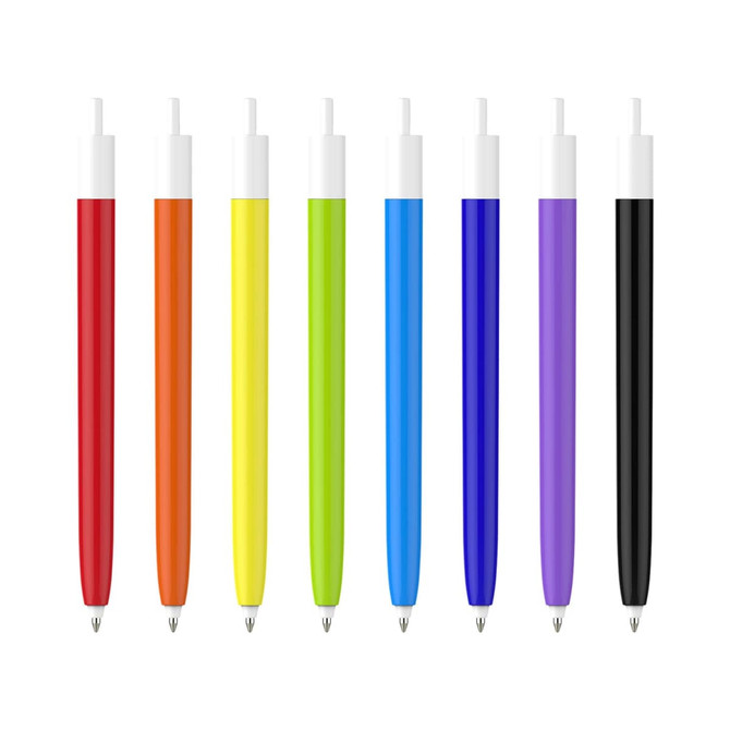 A collection of push button pens featuring colour barrels in red, orange, yellow, green, blue, purple, and black with creamy white caps.